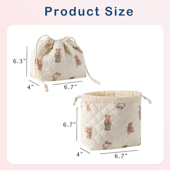 Cotton Quilted Drawstring Makeup Bag with Canvas Lining,Coquette Aesthetic Cute - Picture 3 of 6